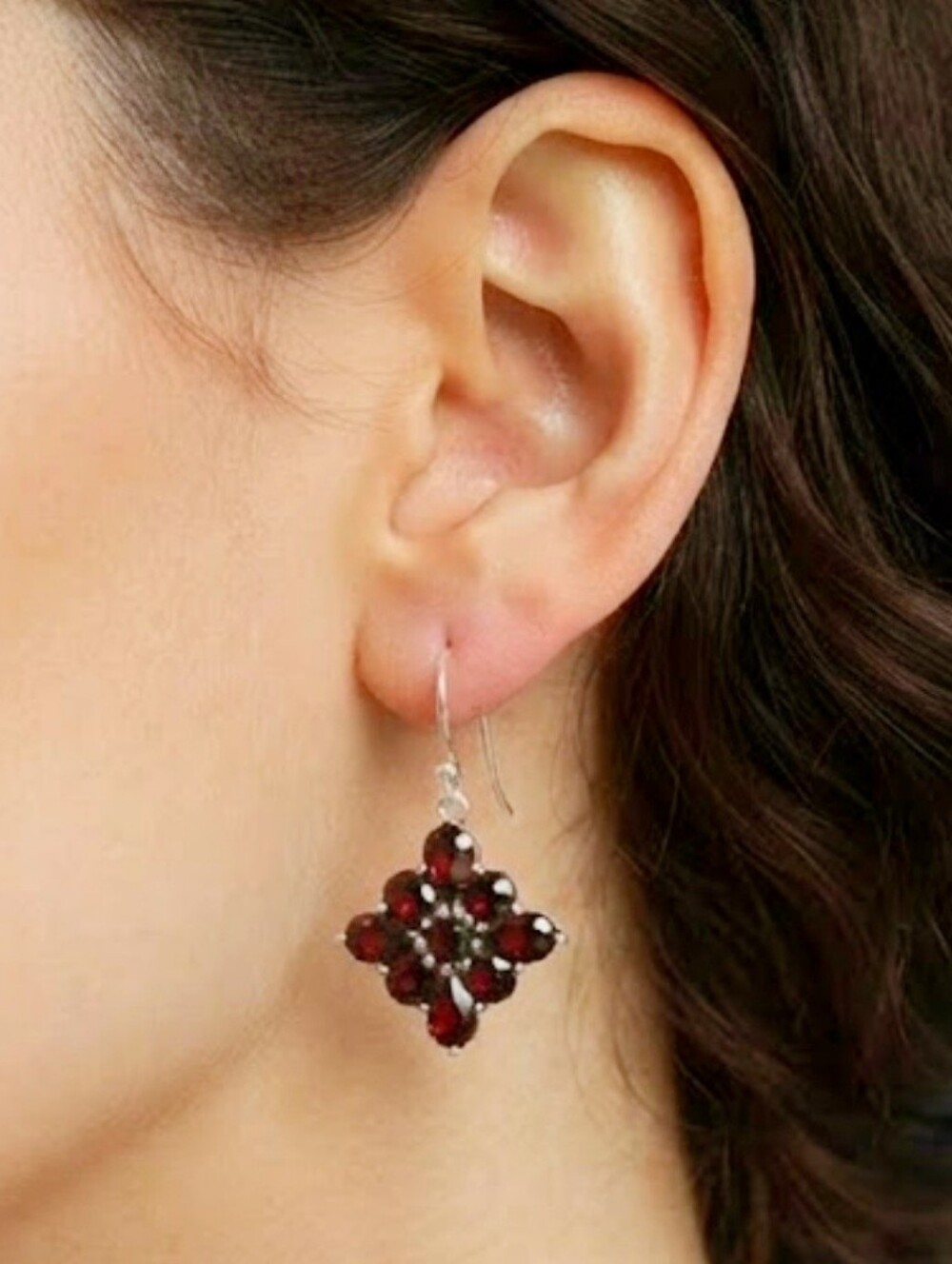 Vintage Sterling Silver Garnet Cluster Drop Earrings
